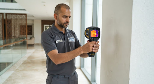 Thermal imaging scan detecting moisture in a building